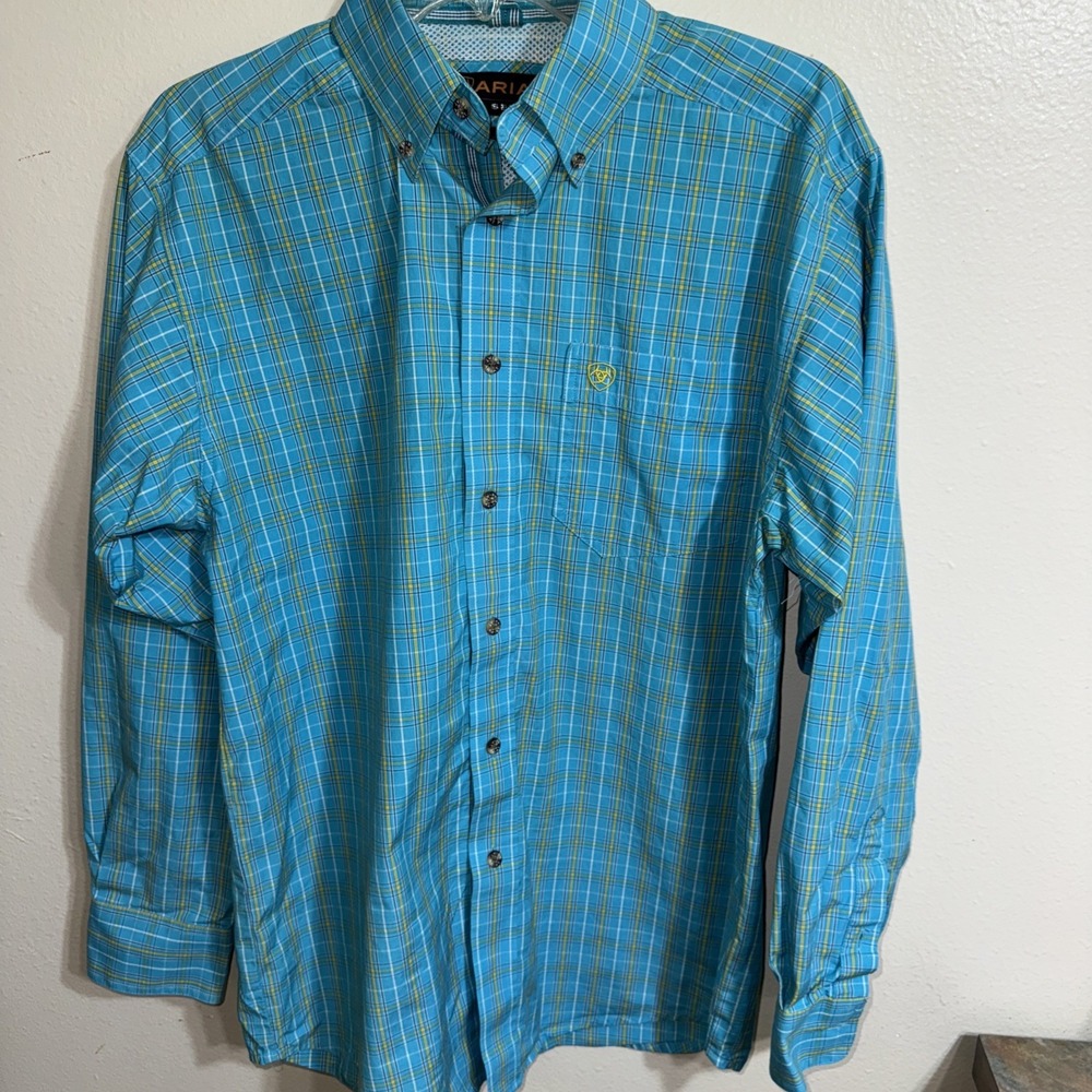 Ariat Pro Series Mens Aqua/yellow Plaid Long Sleeve Button Down Shirt Size Small - Picture 1 of 9